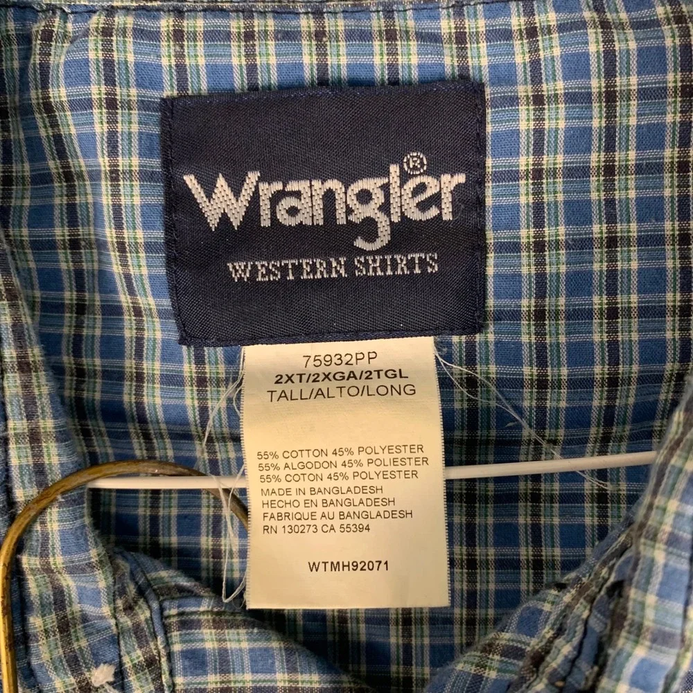 Lot of 2 Wrangler‎ 2XLT Tall Pearl Snap Western Shirts Blue Plaid Short Sleeves